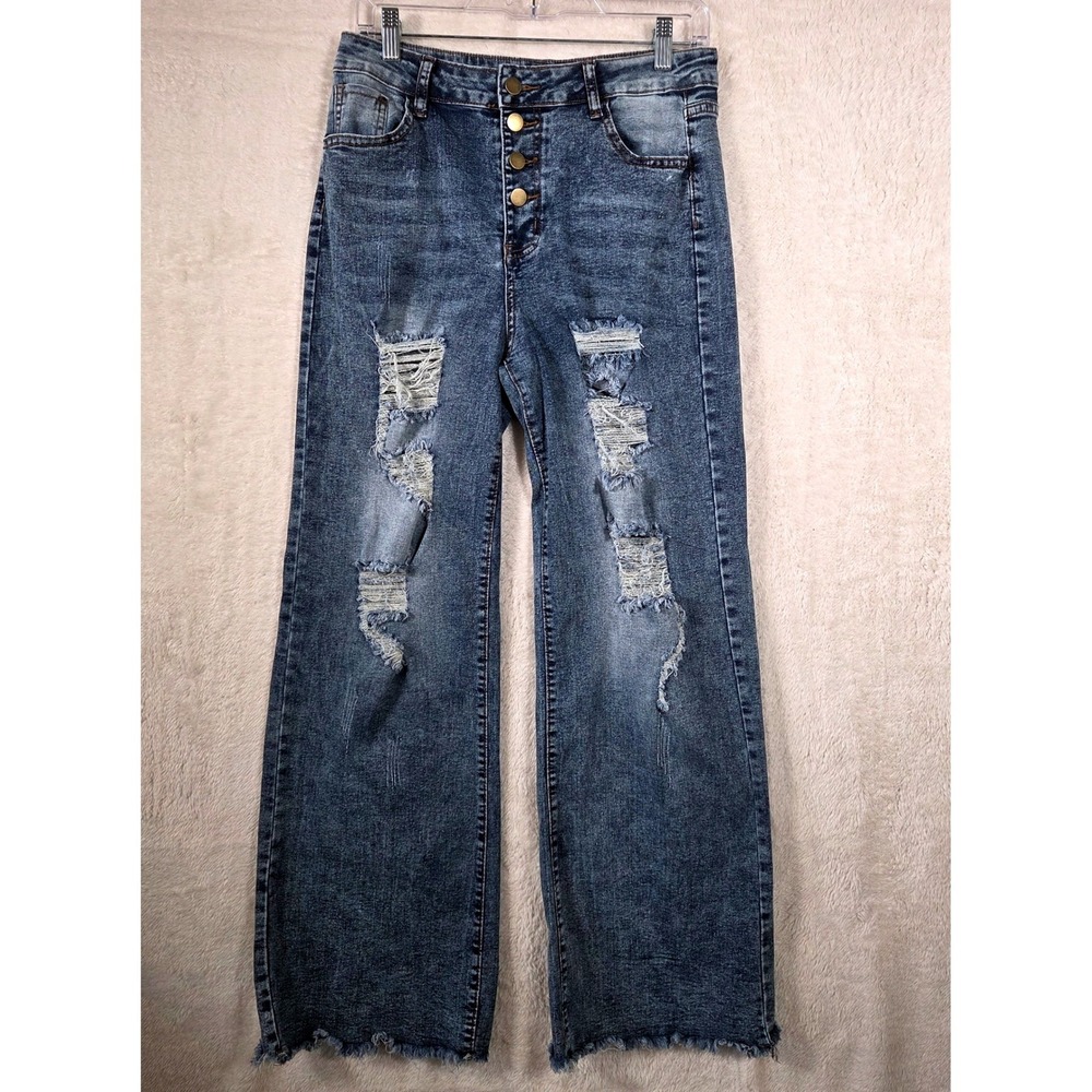 Womens Size 28 Wide Leg Jeans Medium Blue‎ Button Fly Distressed High Rise Y2K